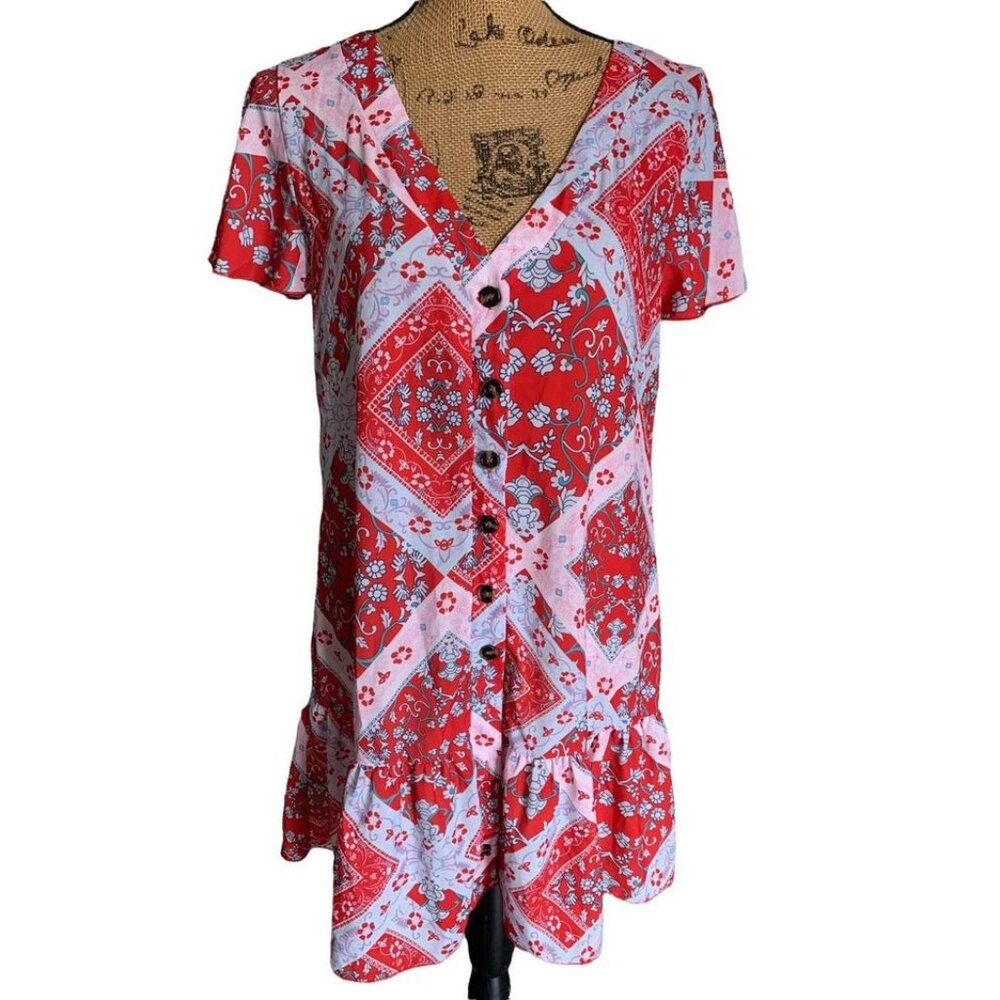 🍒 2/$20Red White & Blue Lightweight Dress Dropwaist with Button Down Front sz L